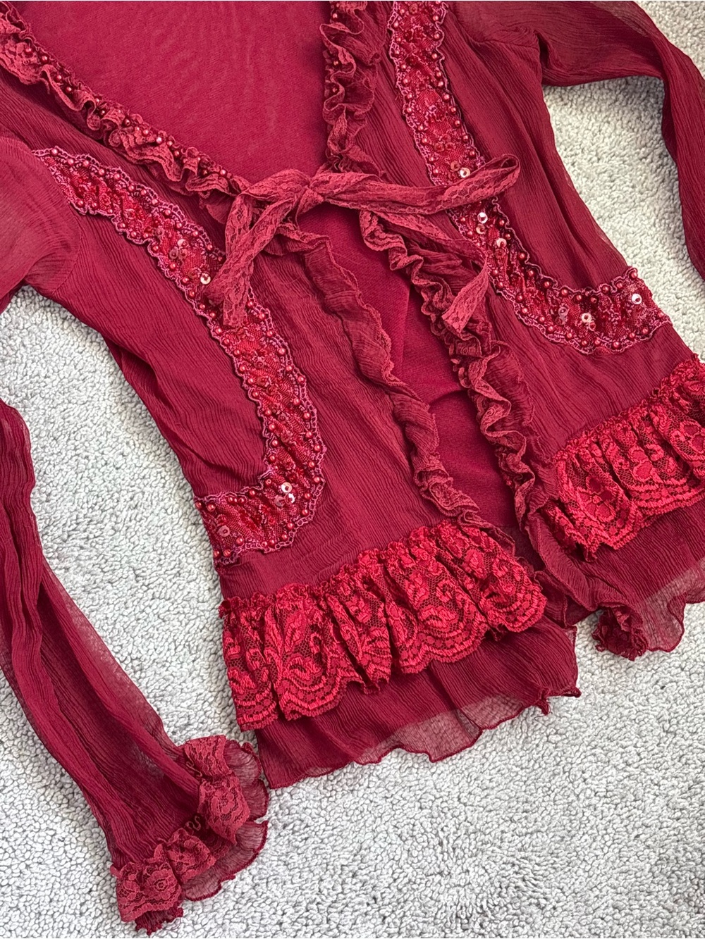 Vintage J2D 75% Silk Burgundy Beaded Ruffle Tie Front Blouse Fairycore Y2K S - Picture 11 of 11